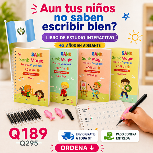 Edukids™ | Montessori Caligrafía Mágica -(Versión Americana) Set de 4 cuadernos con tinta que desaparece